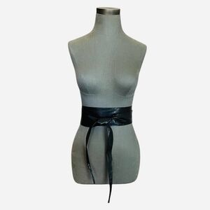 Women's Black Faux Leather Obi Belt Wide Wrap Around Self Tie Sash Waistband 84”
